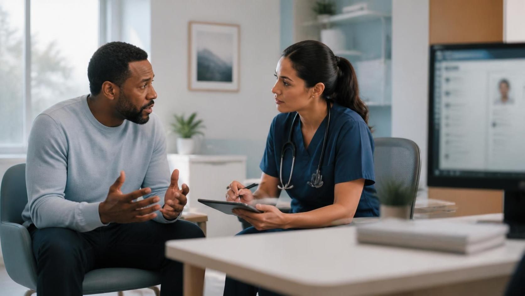 Profesional de la clínica conversando con un paciente