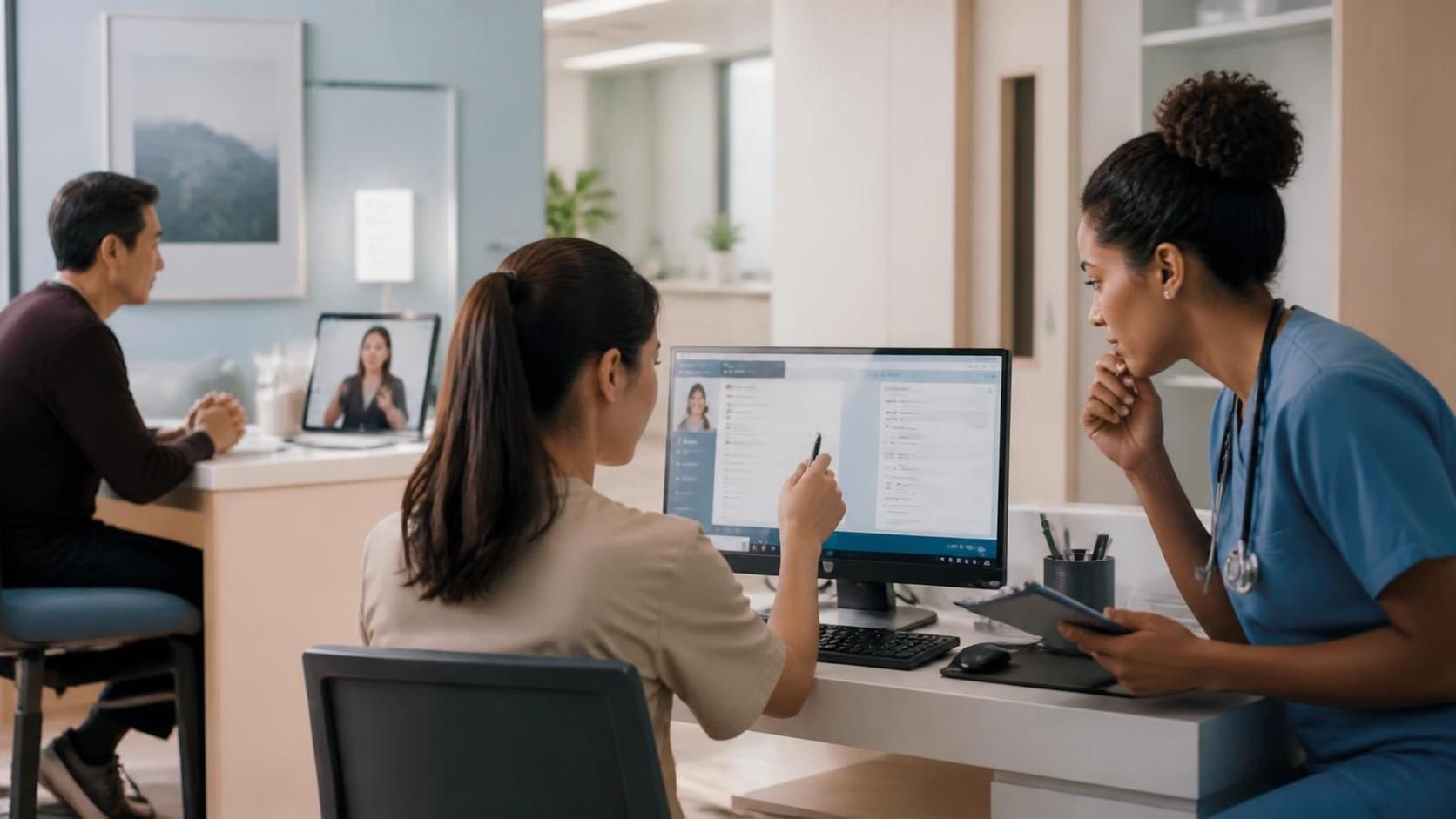 Equipo de recepción revisando la agenda en el computador